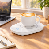 Mug warmer keeping a latte warm on a home office desk