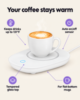 Keeps drinks up to 131F, auto on/off sensor, tempered glass top, for flat-bottom mugs