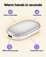 Heats on both sides, 3 heat levels, 5000 mAh power bank, pocket size