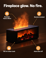Realistic flame effect, remote included, 150 ml water tank, auto shut-off