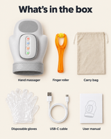 What's in the box: massager, finger roller, carry bag, gloves, USB-C cable, manual