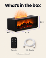 What's in the box: diffuser, remote, USB-C cable; 10.3 x 4 x 3.8 inches